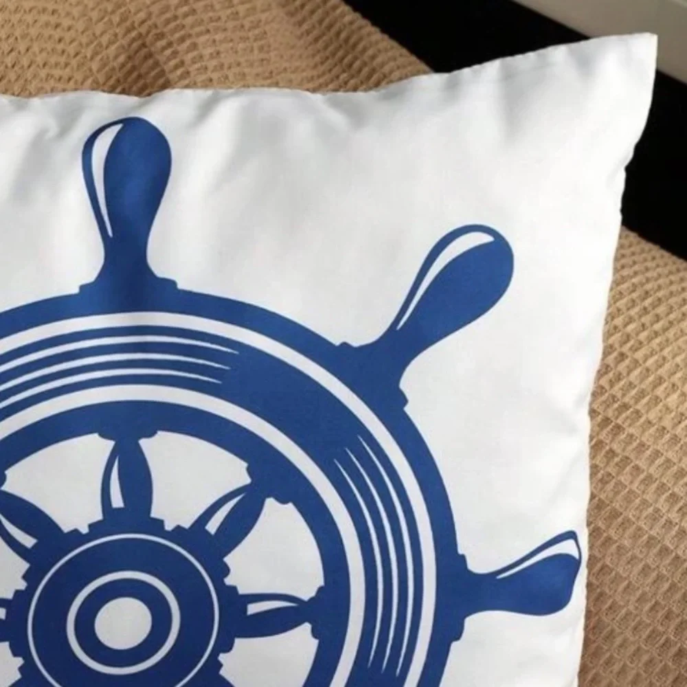 Coastal Pillow Cover Ship Wheel Nautical Beach Decor Square 17.75 in Blue White